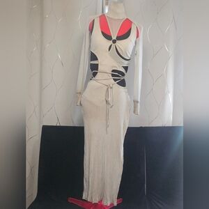 Dolls Kill Fader Mesh Ribbed Darker Wavs Maxi Dress in Ecru